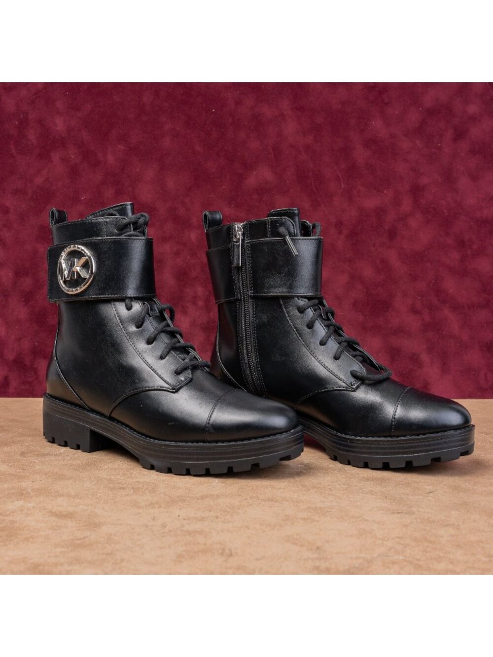 Michael Kors Women Tatum Vegan Black Leather MK Logo Combat Boots size 6.5